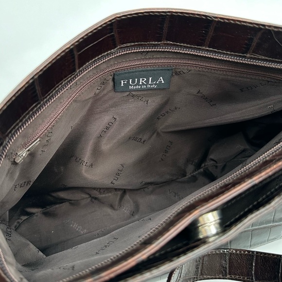 Vintage Furla Genuine Leather Croc Embossed Brown Shoulder Bag - Picture 11 of 14